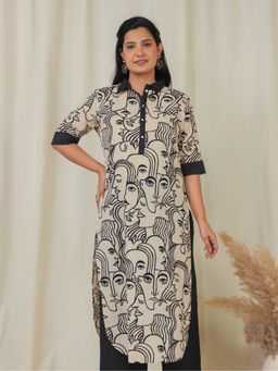 ARAMYA - Women Collar Neck Abstract Half Sleeves Beige Kurta