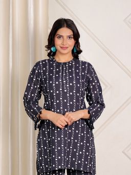 ARAMYA - Women Mandarin Neck Pure Cotton Three Fourth Sleeves Navy Blue Kurti