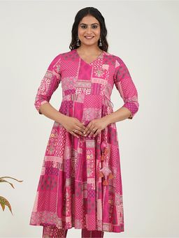 ARAMYA - Women V-Neck Pure Cotton Three Fourth Sleeves Pink A-Line Kurta