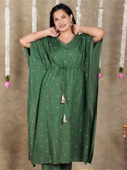 ARAMYA - Women V-Neck Viscose Half Sleeves Green Kaftan Kurta