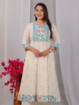 ARAMYA - Pure Cotton Geometric V-Neck Off White Kurta