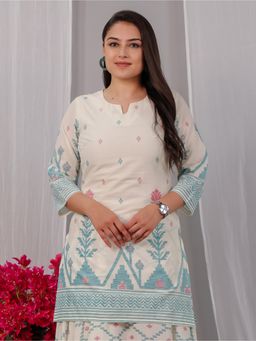 ARAMYA - Women Round Neck Geometric Three Fourth Sleeves Off White Kurta