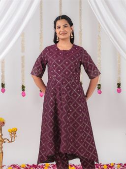 ARAMYA - Women Round Neck Silk Blend Half Sleeves Wine Kurta