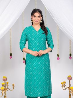ARAMYA - Silk Blend Printed V-Neck Green Kurta
