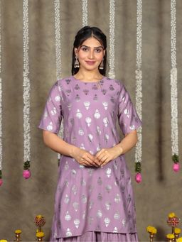 ARAMYA - Women Keyhole Neck Chanderi Half Sleeves Purple Kurti