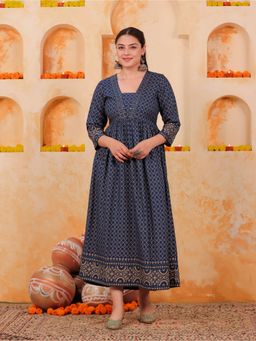 ARAMYA - Women Square Neck Viscose Three Fourth Sleeves Blue Kurta