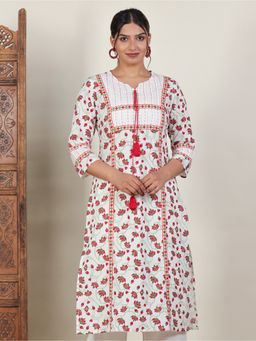 ARAMYA - Women Round Neck Pure Cotton Three Fourth Sleeves Off White Kurta