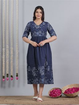 ARAMYA - Women V-Neck Pure Cotton Half Sleeves Blue Kurta