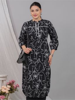 ARAMYA - Women Mandarin Neck Pure Cotton Three Fourth Sleeves Black Kurta