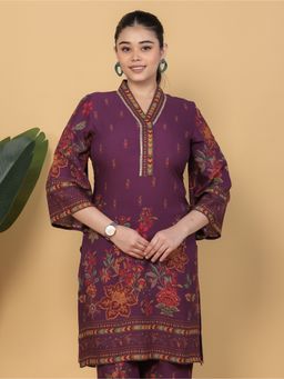 ARAMYA - Women V-Neck Viscose Three Fourth Sleeves Purple Kurti