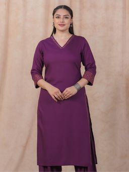 ARAMYA - Women V-Neck Viscose Three Fourth Sleeves Purple Kurta
