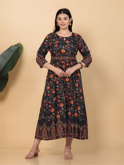 ARAMYA - Women Keyhole Neck Pure Cotton Black Kurta