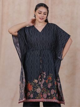 ARAMYA - Women Pure Cotton Half Sleeves Black Kaftan Kurta
