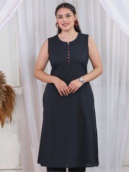 ARAMYA - Women Round Neck Pure Cotton Sleeveless Black Kurta