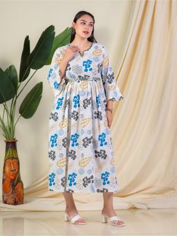 ARAMYA - Women Pure Cotton Three Fourth Sleeves White A-Line Kurta