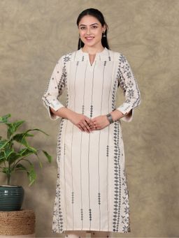 ARAMYA - Women Mandarin Neck Pure Cotton Three Fourth Sleeves Cream Kurta