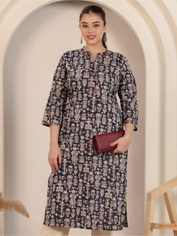 ARAMYA - Women Mandarin Neck Pure Cotton Three Fourth Sleeves Blue Kurta