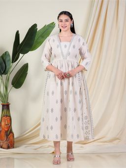 ARAMYA - Women Square Neck Pure Cotton Three Fourth Sleeves A-line Cream Kurta