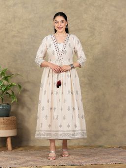 ARAMYA - Women V-Neck Pure Cotton Three Fourth Sleeves Cream Kurta