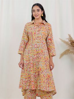 ARAMYA - Women Collar Neck Pure Cotton Three Fourth Sleeves Green Kurta