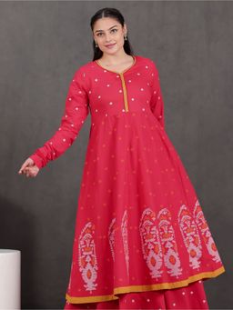 ARAMYA - Women Round Neck Pure Cotton Full Sleeves Red Kurta