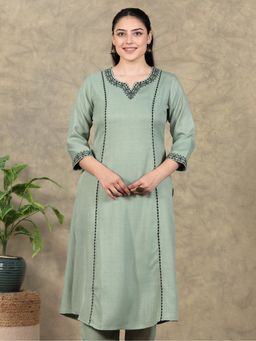 ARAMYA - Women Round Neck Polyester Three Fourth Sleeves Green Kurta