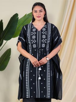 ARAMYA - Women V-Neck Pure Cotton Flared Sleeves Black Kaftan Kurta
