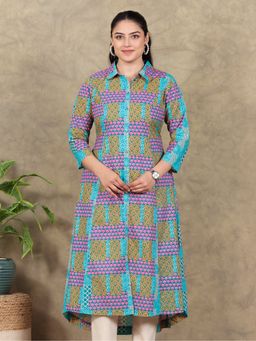 ARAMYA - Women Collar Neck Pure Cotton Three Fourth Sleeves Multi-Color Kurta