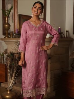 ARAMYA - Poly Silk Embroidered Sweetheart Pink Kurta