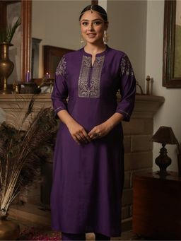 ARAMYA - Silk Blend Embroidered Mandarin Neck Purple Kurta