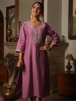 ARAMYA - Chanderi Embroidered Round Neck Pink Kurta