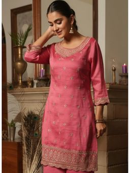 ARAMYA - Poly Silk Embroidered Round Neck Coral Kurta