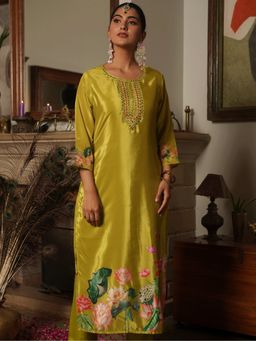 ARAMYA - Poly Silk Floral Round Neck Green Kurta