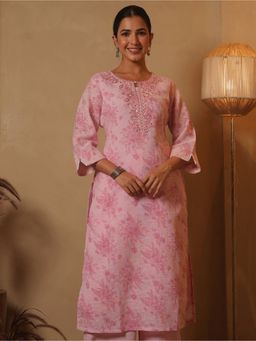 ARAMYA - Pure Cotton Floral Keyhole Neck Pink Kurta