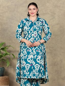 ARAMYA - Women Collar Neck Pure Cotton Three Fourth Sleeves Blue Kurta