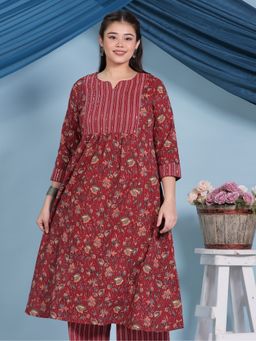 ARAMYA - Women Round Neck Floral Three Fourth Sleeves Red Kurta