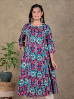 ARAMYA - Women Round Neck Printed Three Fourth Sleeves Blue Kurta