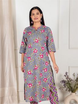 ARAMYA - Pure Cotton Floral Mandarin Neck Grey Kurta