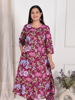 ARAMYA - Women Round Neck Floral Three Fourth Sleeves Wine Kurta