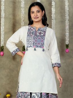 ARAMYA - Women Round Neck Floral Three Fourth Sleeves Off White Kurta