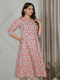 ARAMYA - Pure Cotton Floral V-Neck Multi-Color Kurta