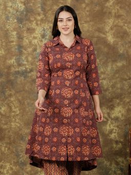 ARAMYA - Women Collar Neck Floral Three Fourth Sleeves Brown Kurta