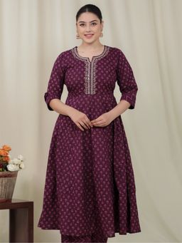 ARAMYA - Women Pure Cotton Round Neck Floral Three Fourth Sleeves Purple Kurta