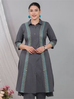 ARAMYA - Women Collar Neck Embroidered Three Fourth Sleeves Grey Kurta