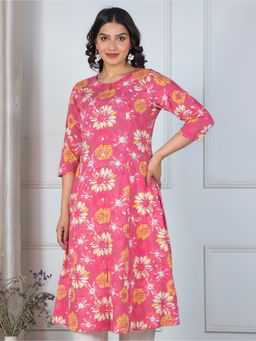 ARAMYA - Pure Cotton Floral Round Neck Pink Kurta