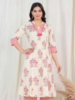 ARAMYA - Pure Cotton Floral Mandarin Neck Off White Kurta