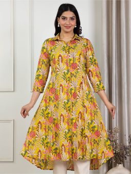 ARAMYA - Pure Cotton Floral Collar Neck Yellow Kurta