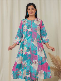 ARAMYA - Pure Cotton Floral Round Neck Blue Kurta