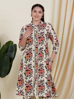 ARAMYA - Women Collar Neck Floral Three Fourth Sleeves Beige Kurta