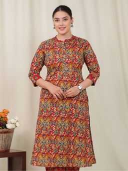 ARAMYA - Women Mandarin Neck Floral Three Fourth Sleeves Red Kurta